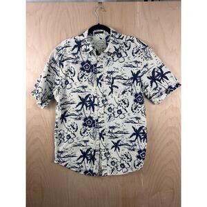 St.‎ John’s Bay Hawaiian Shirt Mens M Blue White Palm Tree Floral Cotton